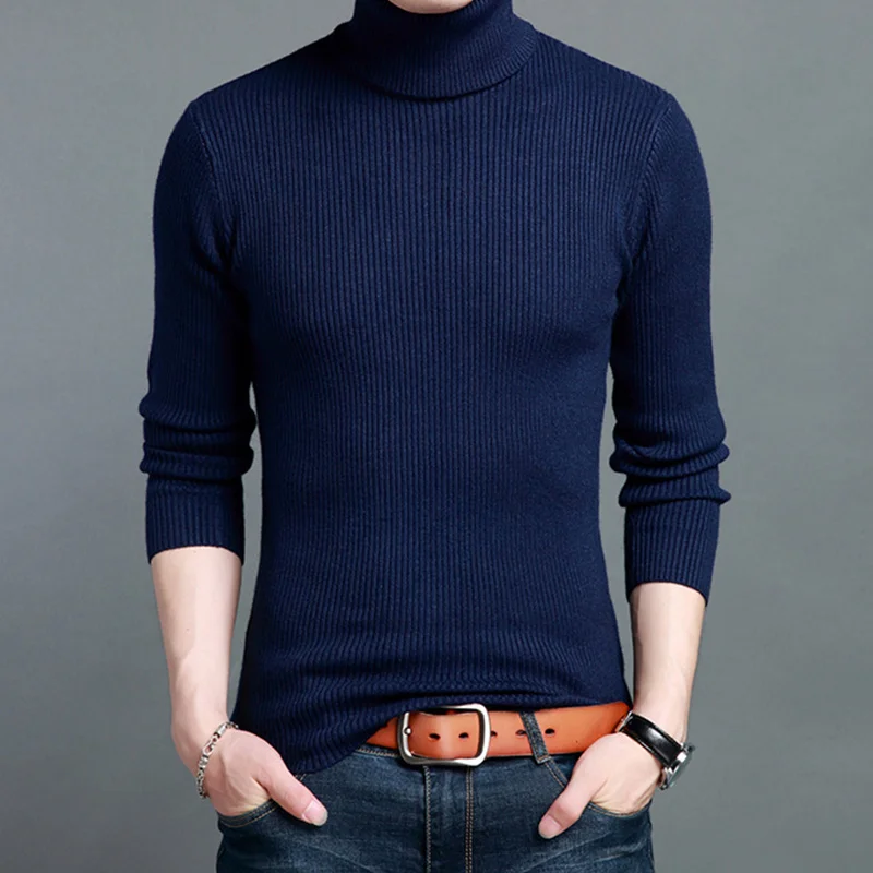 Navy Blue LLYGE осень зима мужская водолазка кашемировый свитер размера плюс толстый теплый шерстяной трикотаж пуловеры мужские однотонные тонкие шерстяные свитера - Цвет: Navy Blue