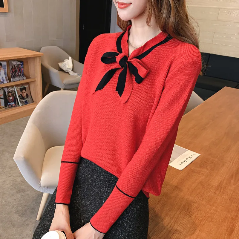 Bow Women Autumn Fashion Cute Knitted Sweater Pullover High Quality Pull Femme 2019 New Winter Long Sleeve Casual Slim Tops | Женская