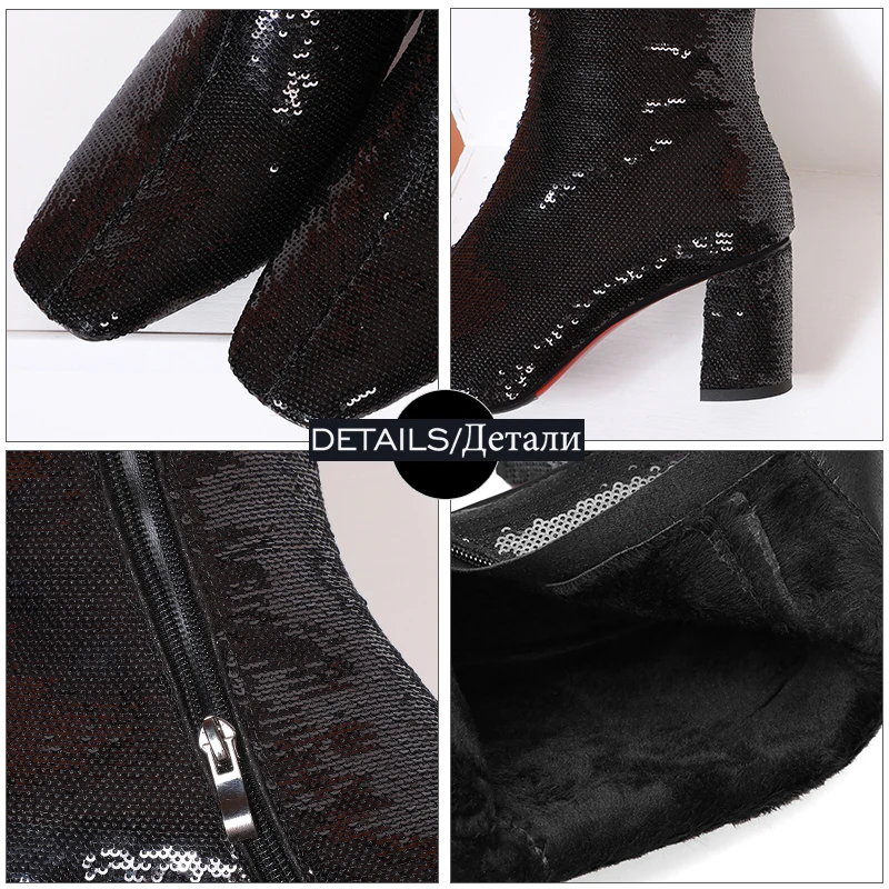 WETKISS Sequined Ankle Boots Women High Heels Booties Square Toe Shoes Female Bling Wedding Ladies Winter Plus Size 34-44 | Обувь