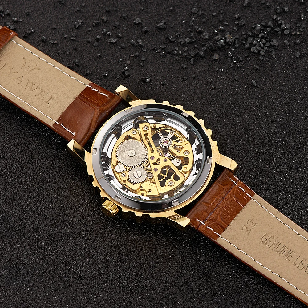 

Luxury Gold Mechanical Men Watches Leather Strap Skeleton Dial Waterproof Hand Winding Wristwatch Fashion Business Clocks