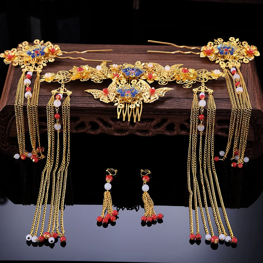 

new bride's Chinese style Phoenix crown hair tassel hair stick ornaments bride hair jewelry