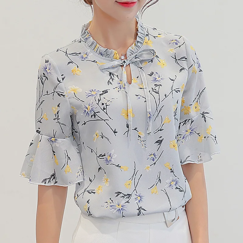 

Women Blouses 2019 Chiffon Print Ruffles Sleeved Blusas Work Shirts for Womens Elegant Blouses Plus Size Female Summer Tops