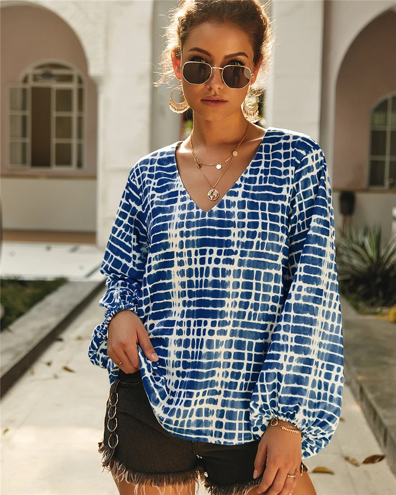 Мода Boho Женская Повседневная Блузка с v-образным вырезом Сексуальная Печать