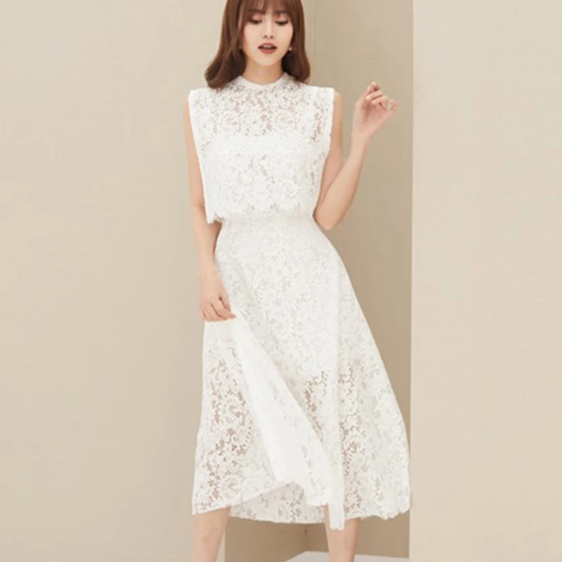 

Max Spri 2019 New Fashion Office Lady 2 Piece Sets Sexy Lace Floral Sling Dress With O Neck Sleeveless Tops Elegant Women Sets