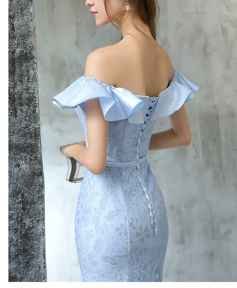 Элегантное светло голубое длинное платье jaevini для подружки невесты с открытыми