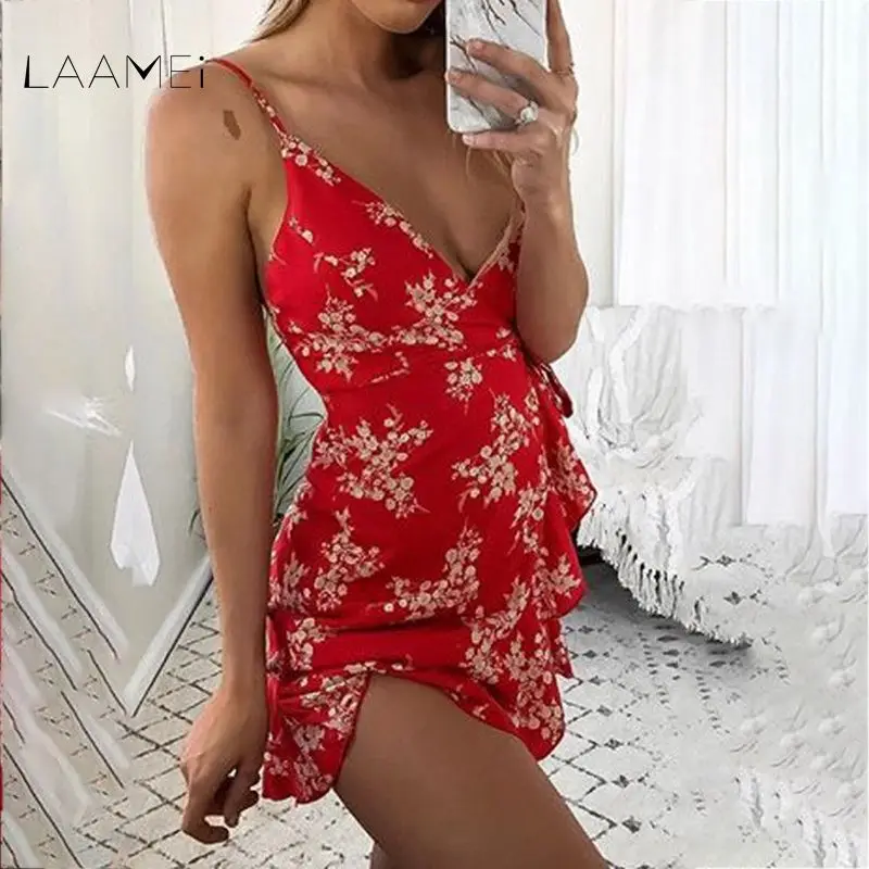 Laamei сексуальный V шеи рюшами Мини пляжное платье Для женщин 2018 Повседневное новый