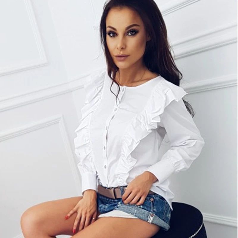 Женская рубашка с оборками и длинным рукавом круглым вырезом|long sleeves women blouse|women