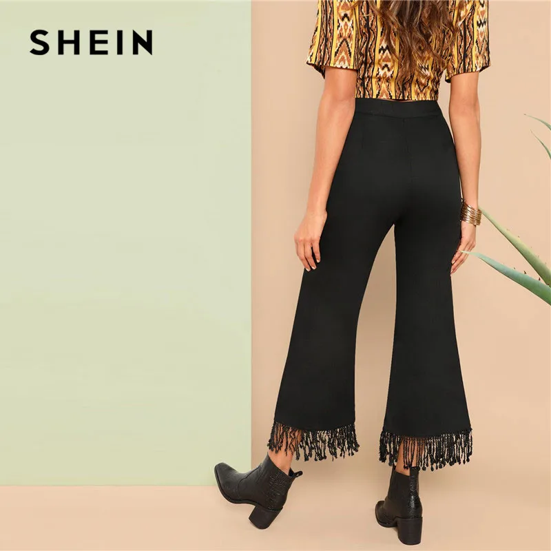 SHEIN Однотонные Расклешенные Брюки С Бахромой 2019 Женские Повседневные Винтажные