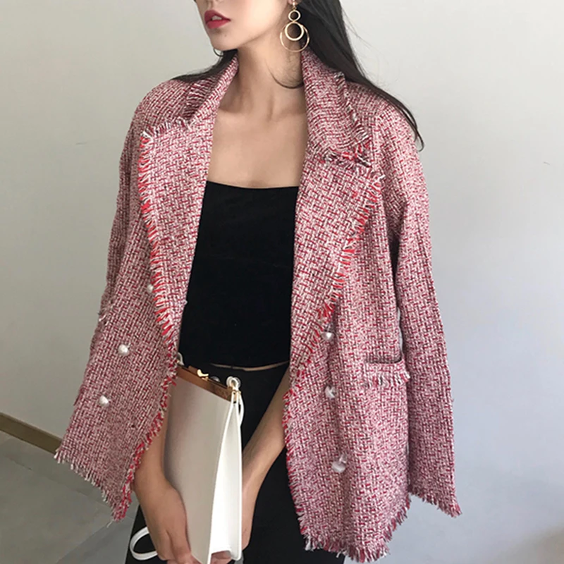 PERHAPS U women black pink plaid tweed outerwear pocket button turn down collar tassel burr blazer C0099 |