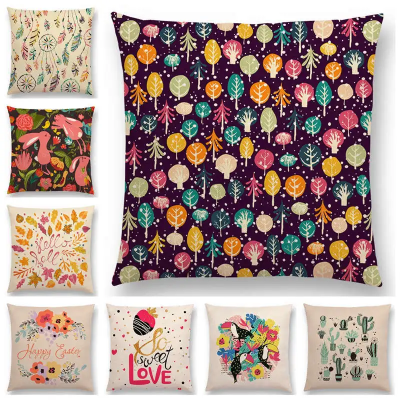 Наволочка для дивана с красивым цветком листом деревьями пером КАКТУСОМ