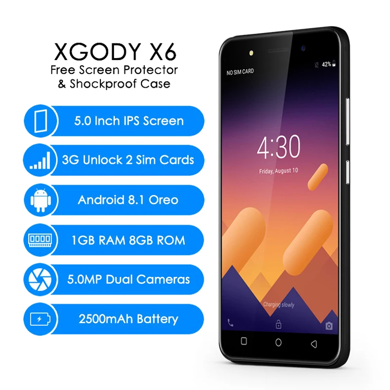 XGODY X6 3G смартфон с двумя sim-картами Android 8 1 Oreo 5 дюймов Мп камера мобильный телефон