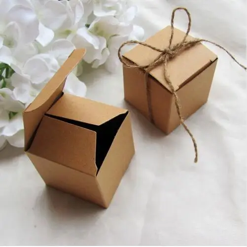 Free shipping 100pcs/lot Square Kraft Paper Box With Jute Tie Gift Candy Boxes Wedding Party Favor 5*5*5cm | Дом и сад