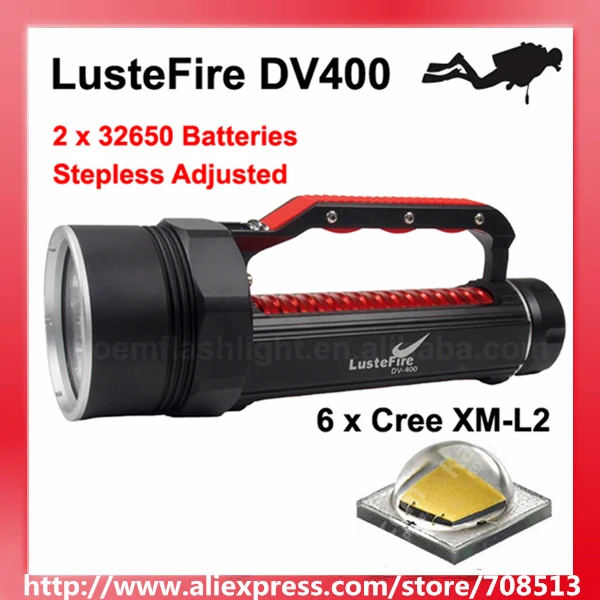 LusteFire DV400 6 x Cree XM-L2  White / Neutral White 5000 Lumens Stepless Adjusted LED Diving Flashlight - Black ( 2x32650 )