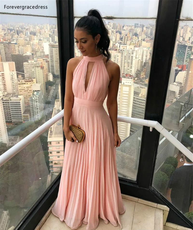 2019 розовые платья подружки невесты с лямкой на шее шифоновые летние для гостевой