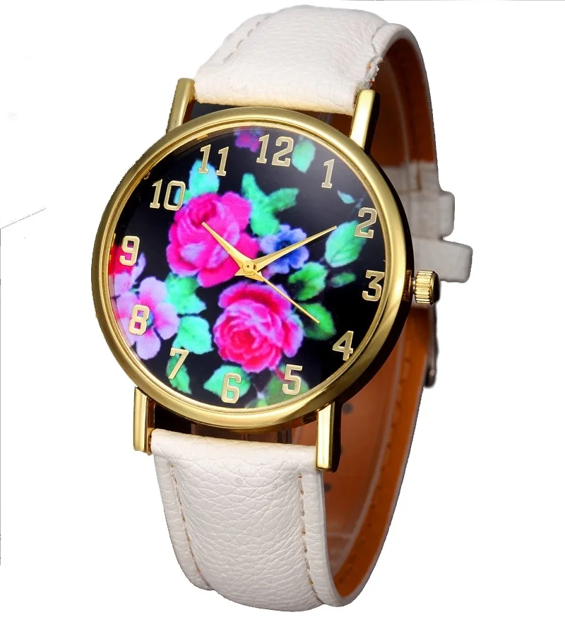 

TOP Roses Women Watch Flower Golden wristwatch casual dress watch Korean Fashion Black Face Geneva Style