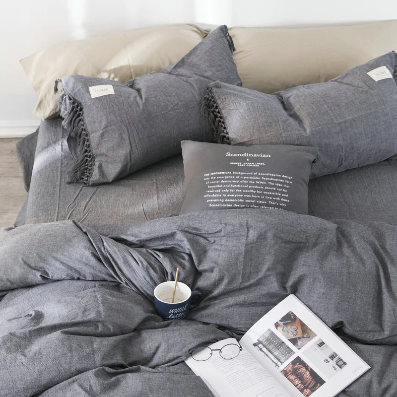 100% Washed Cotton solid color Tassels Bedding Set Soft Duvet Cover Sets Bed Sheet Pillowcases Twin Queen King size 3/4pcs | Дом и сад
