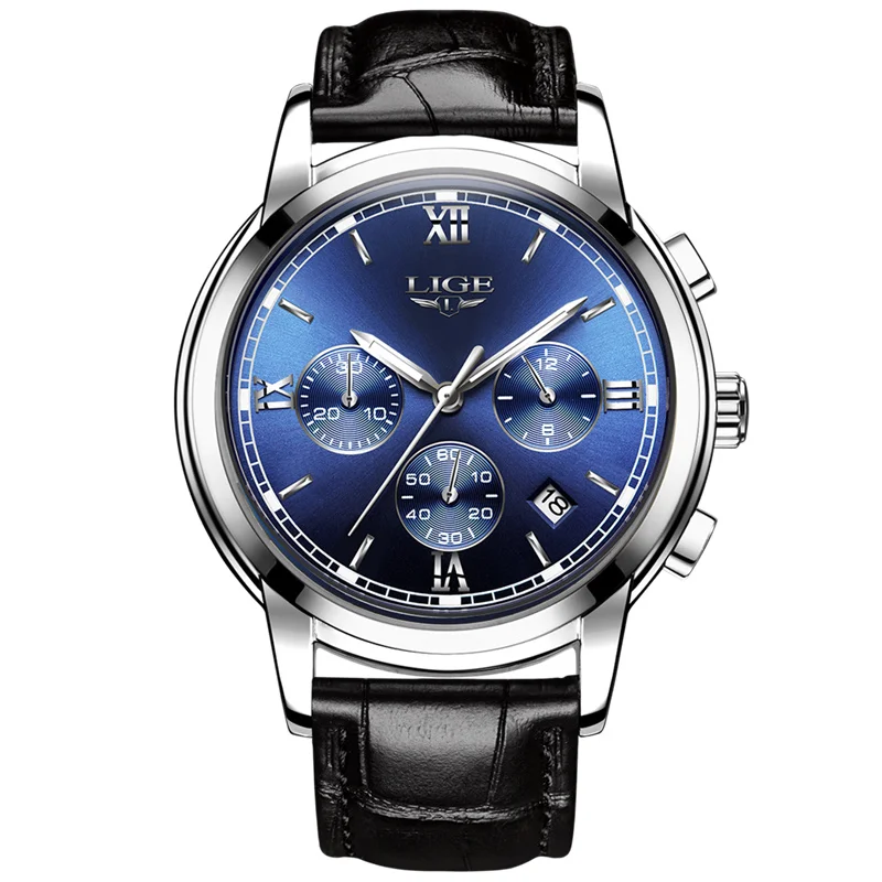 leather silver blue LIGE, роскошные брендовые часы, мужские модные спортивные военные кварцевые часы, мужские полностью стальные бизнес водонепроницаемые часы, мужские часы - Цвет: leather silver blue