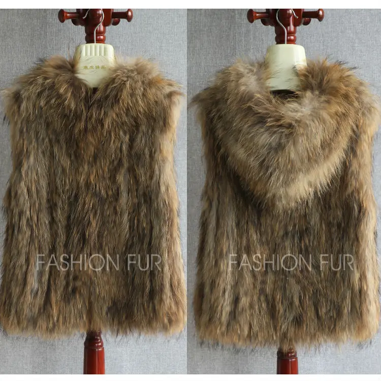 

2019 Women Classic Fashion Knitted Raccoon Dog Fur Vest V Neck Sleeveless Hooded Real Fur Gilets Vests Waistcoats With Hood