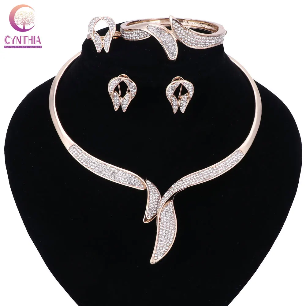 

Fashion Necklace Earrings Bracelet Ring Gold Color Jewelry Sets For Women Wedding Imitation Crystal Holiday Accessories