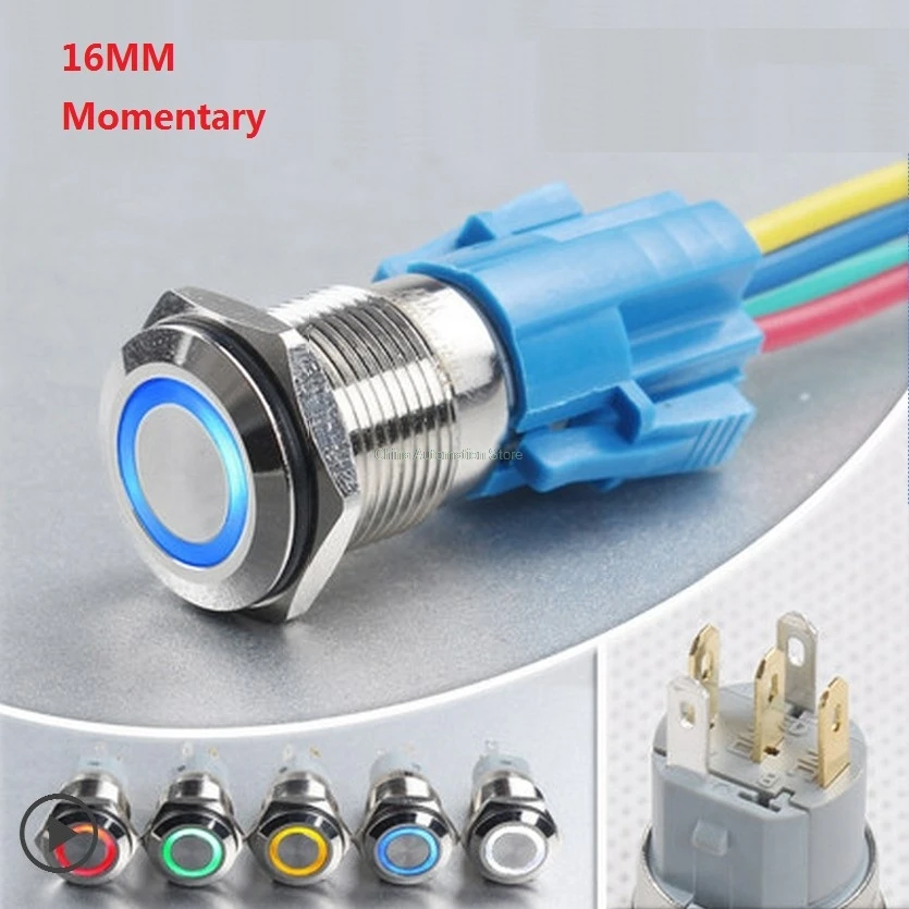 Металлический Мгновенный кнопочный переключатель светодиода 16 мм 5 В 12 24 110 220