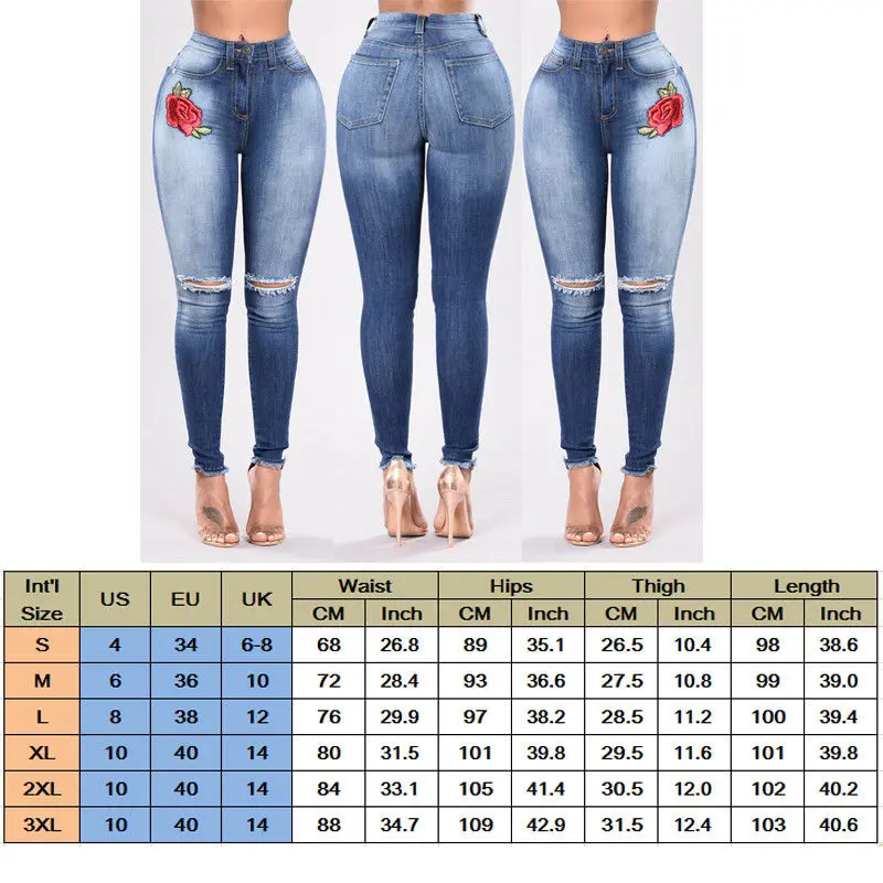 Джинсы с вышивкой 2017 женские джинсы высокой талией облегающие рваные эластичные