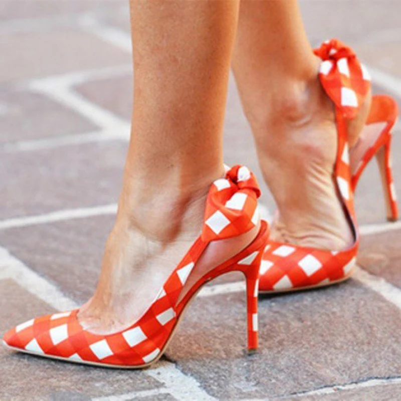 Женские туфли с бантом-бабочкой на тонком высоком каблуке FSJ оранжевые ремешком