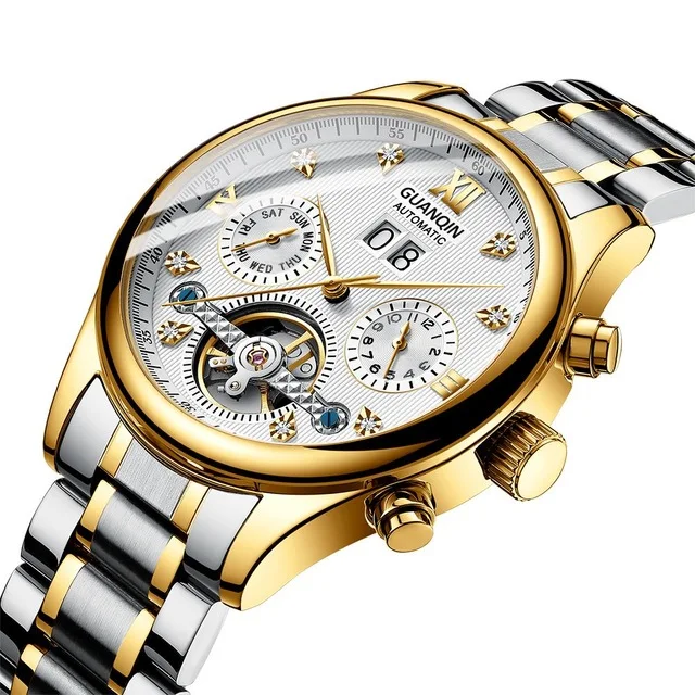gold white steel Новые часы GUANQIN Мужские Роскошные автоматические механические водонепроницаемые часы из нержавеющей стали с датой золотые мужские наручные часы Erkek kol saati - Цвет: gold white steel