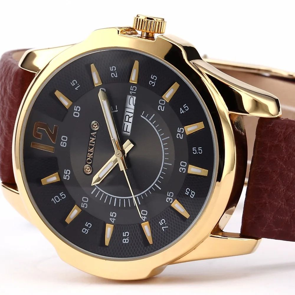 

MG. ORKINA Mens Watches Top Brand Luxury Golden Case Leather Japan MIYOTA Movement Day Date Men's Quartz-watch zegarek