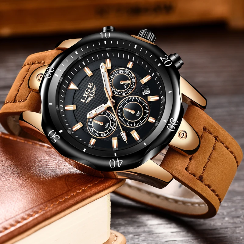 Мужские наручные часы LIGE брендовые водонепроницаемые в Военном Стиле с кожаным
