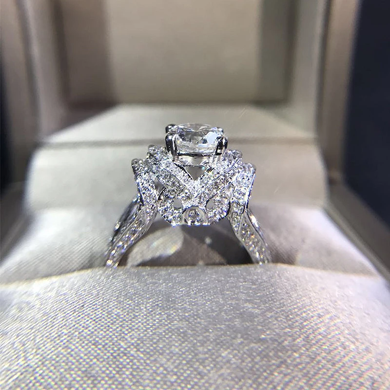 Wedding Ring Jewelry For Women DF 1CT Au750 Color Round Brilliant Cut Moissanite Halo Lab Diamond Solid 18K White Gold | Украшения и