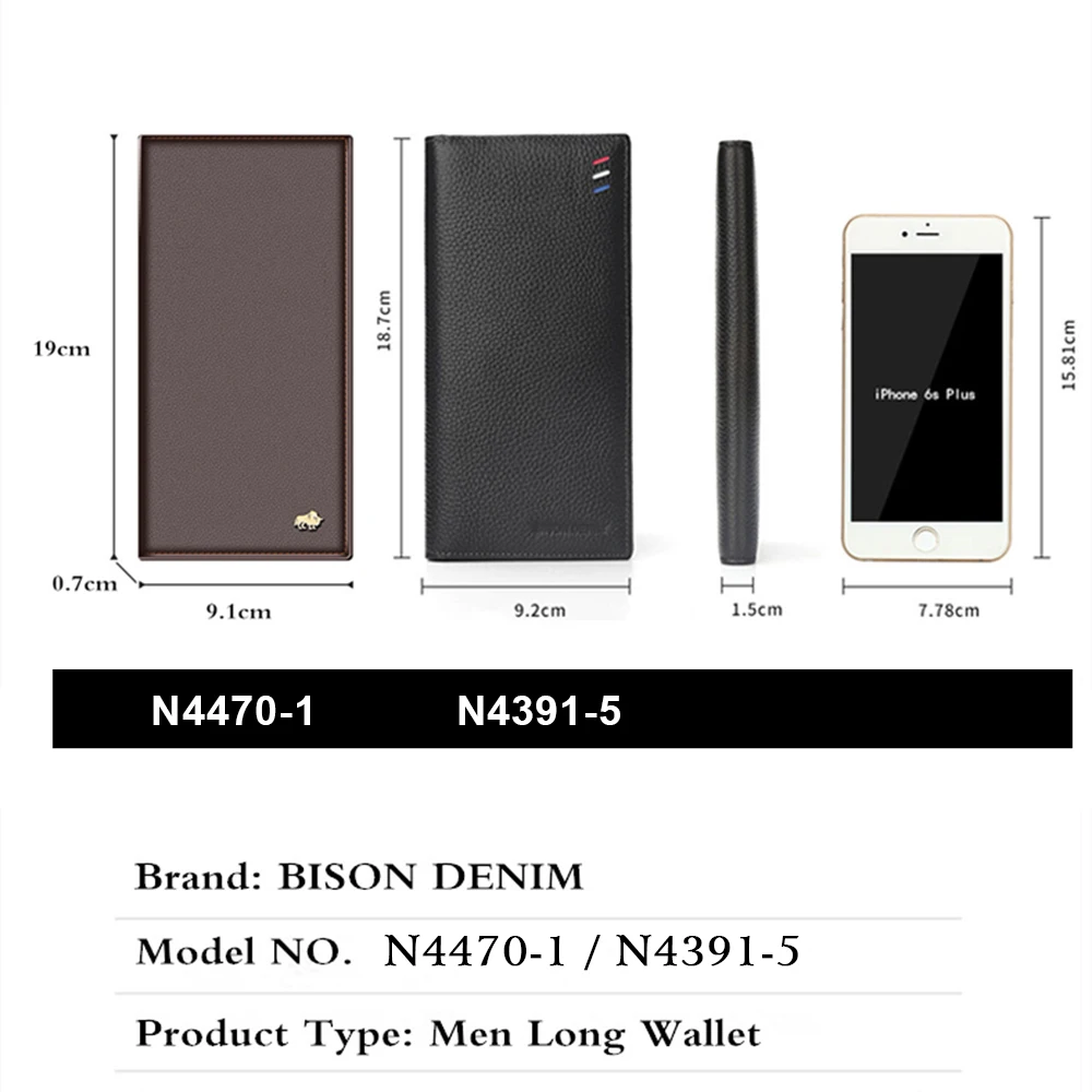 Модные мужские кошельки BISON DENIM длинный тонкий бумажник из натуральной кожи