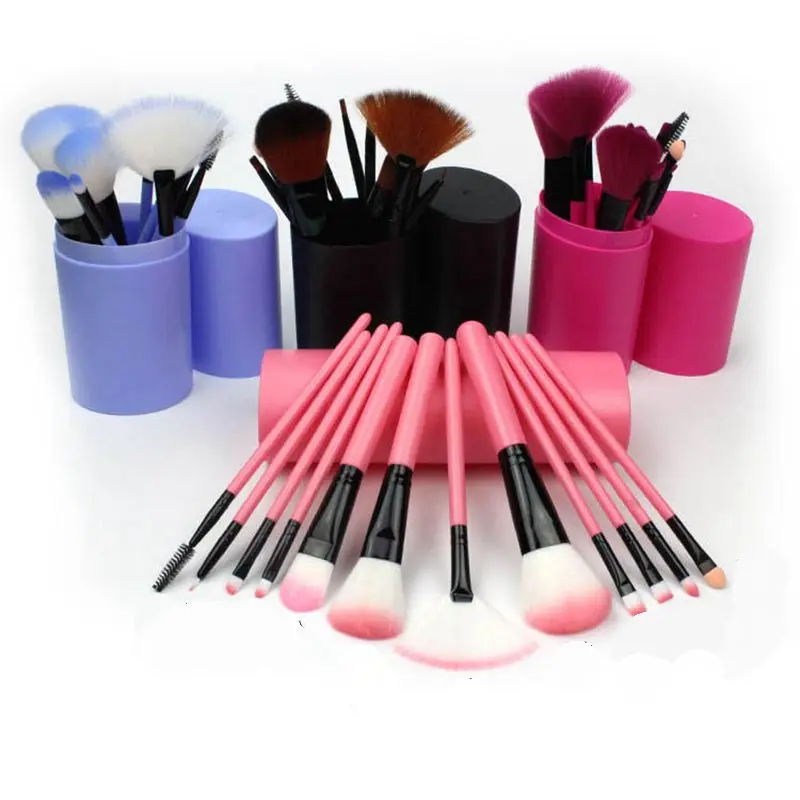 

4 colors soft synthetic hair brushes makeup brush kits plastic handle 12pcs cosmetic brushes set with plastic barrel
