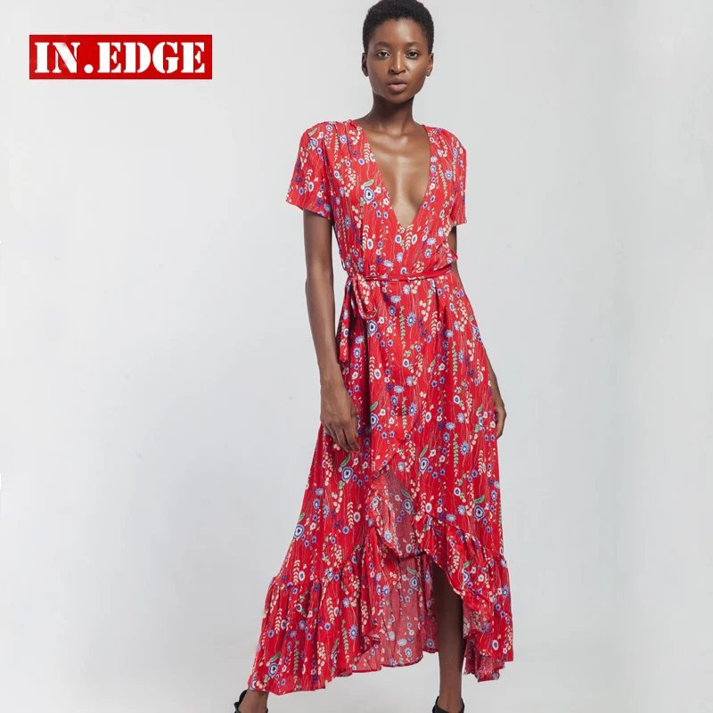 Summer Beach Long Dresses Women Flower Floral Maxi Split Elegant Dress Sexy Deep V Neck Party Evening Red Bodycon Belt Женская одежда