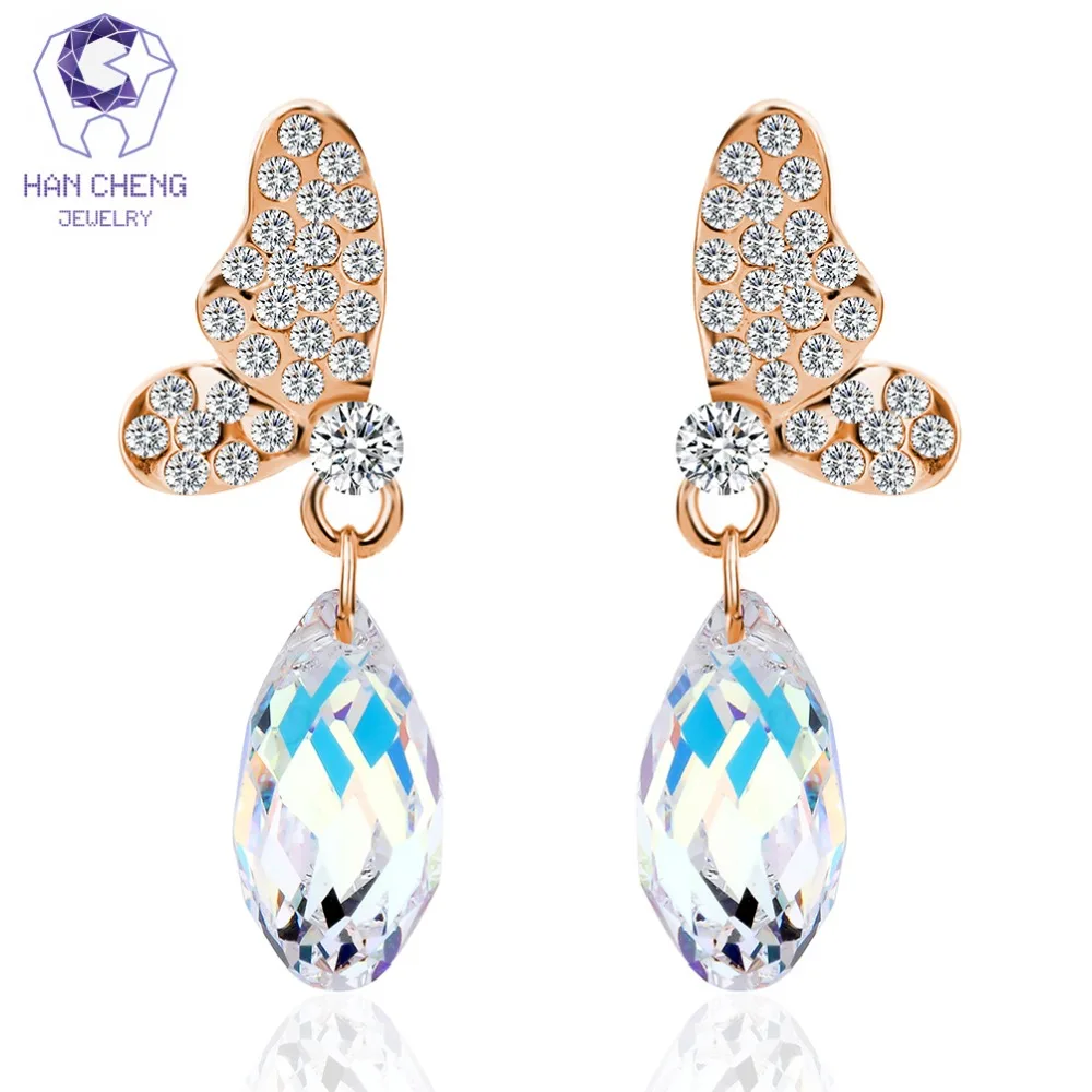 Женские Висячие серьги HanCheng с золотыми крыльями бабочки украшенные камнями