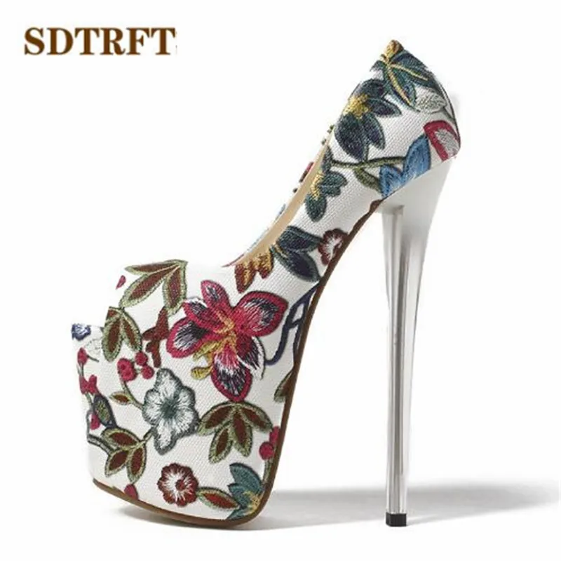 

SDTRFT/роскошные босоножки с цветочным принтом; zapatos mujer; туфли на высоком тонком каблуке 20 см с Т-образным ремешком; женские туфли-лодочки для костюмированной вечеринки на платформе