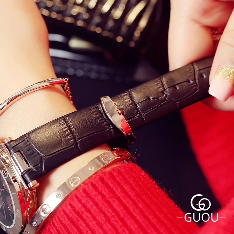 Женские Кварцевые Часы GUOU модные повседневные часы из натуральной кожи с 3