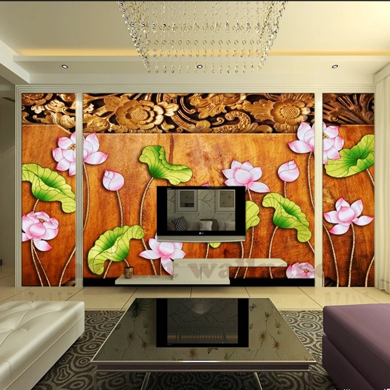 

wood backdrop pink flower lotus tree 3D wall papers lotus leaf Wallpaper Murals for TV backdrop Wedding Room papel de parede