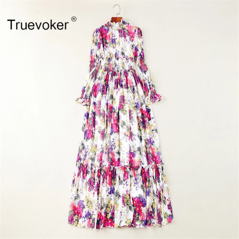 Truevoker Дизайнерские макси Vestido Женские высокого качества с длинным рукавом Необычные цветочные печатные праздничное длинное шелковое платье для отдыха