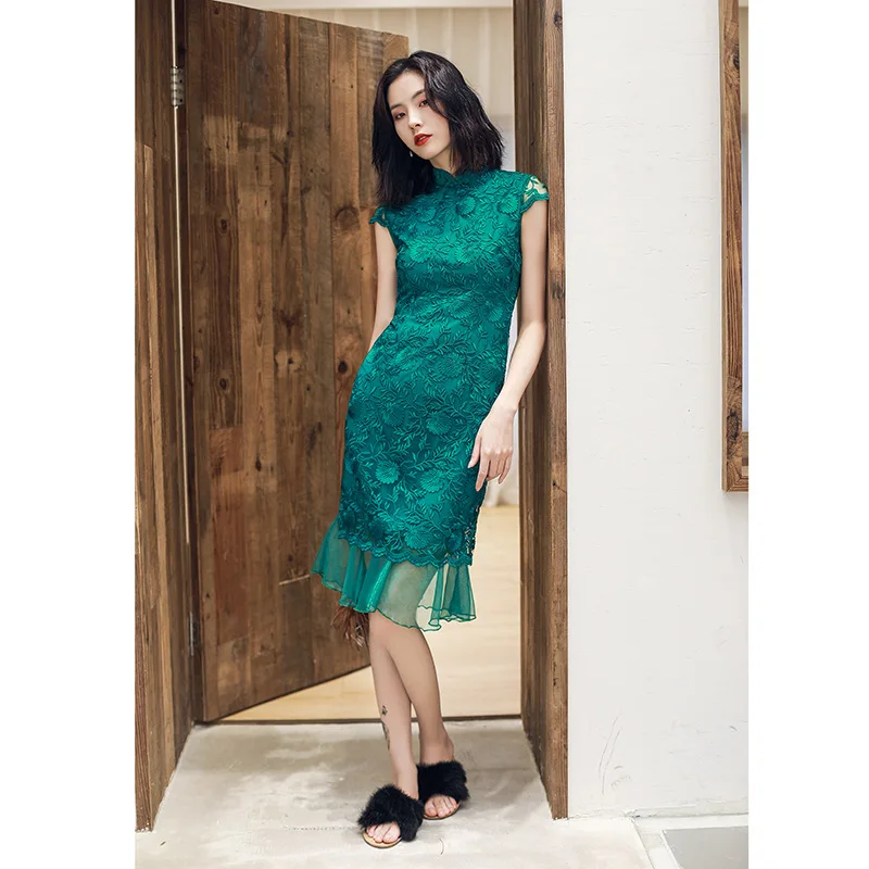 Летнее платье Ципао для свадебной вечеринки, стиль русалки, кружевное qipao