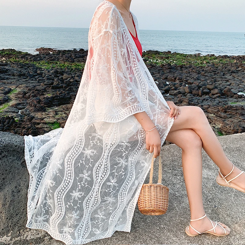 Casual long cardigans womens sunscreen shirt loose beach coat lace chiffon Outerwear (mm7972) |