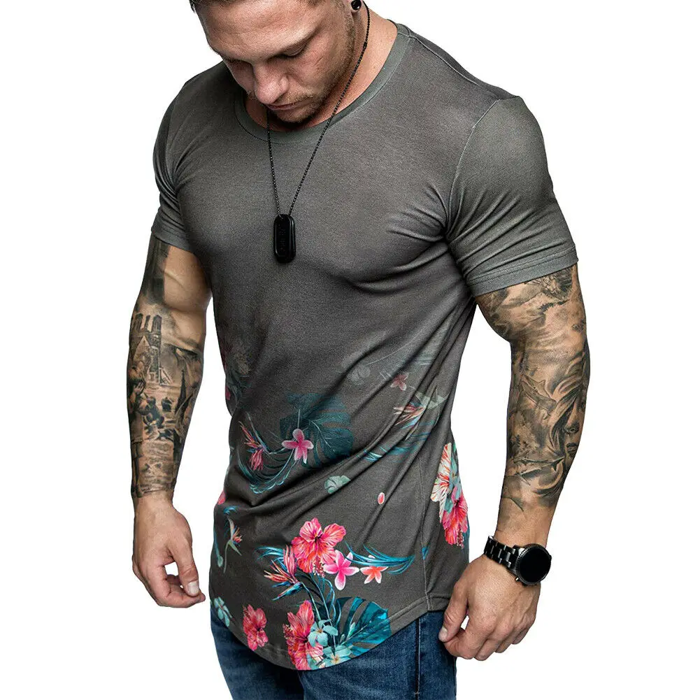 Футболка мужская с цветочным принтом повседневная Облегающая рубашка круглым