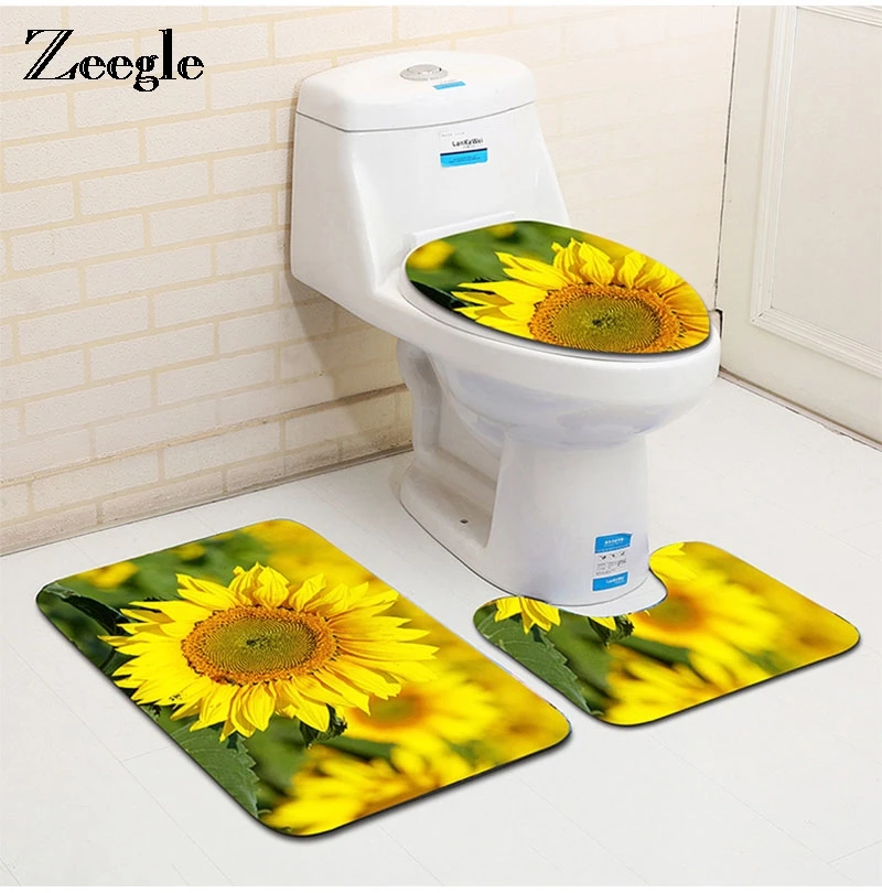 

3pcs Sunflower Tower Lavender Scenery Pattern Bath Mats Carpets Non-Slip Pedestal Rugs Toilet Cover Bathroom Mats Set Home Decor
