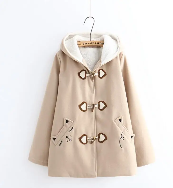 lighy khaki YoYiKamomo, зима, женские парки, новинка, японский стиль Mori Girl, вышивка, с капюшоном, толстое, повседневное, свободное, милое, Женское пальто - Цвет: lighy khaki