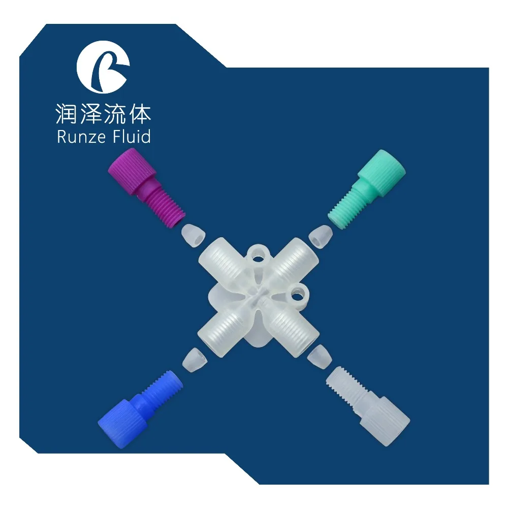 PP PTFE женский 1/4-28UNF 4-полосный перекрестный соединитель трубопровода Chemicasl