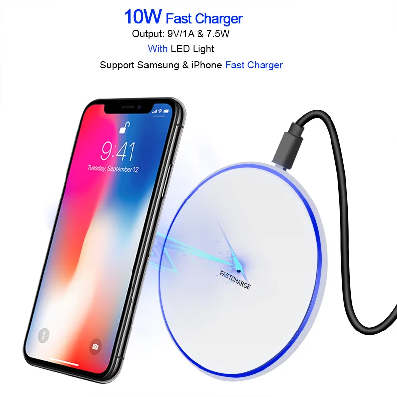 10W White CinkeyPro Беспроводное зарядное устройство 5 Вт и 10 Вт Быстрая зарядка светодиодный светильник для iPhone 8 X samsung зарядка мобильного телефона QI устройство - Тип штекера: 10W White