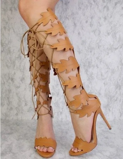 Top New Brand Woman Solid Brown White Color Pu Good Quality Leaves Decoration Peep Toe Cross Lace Up Zipper Back Knee Long Boots | Обувь