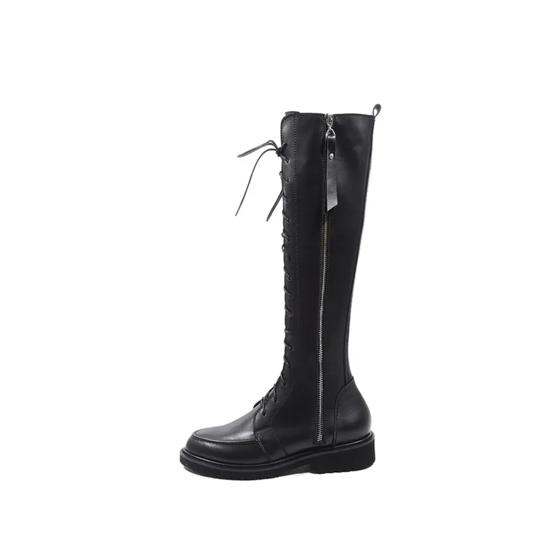 Black Synthetic Lini Meotina/зимние сапоги до колена; женские высокие сапоги из натуральной кожи на квадратном каблуке; обувь на молнии с круглым носком; Женская Осенняя обувь; размер 42 - Цвет: Black Synthetic Lini