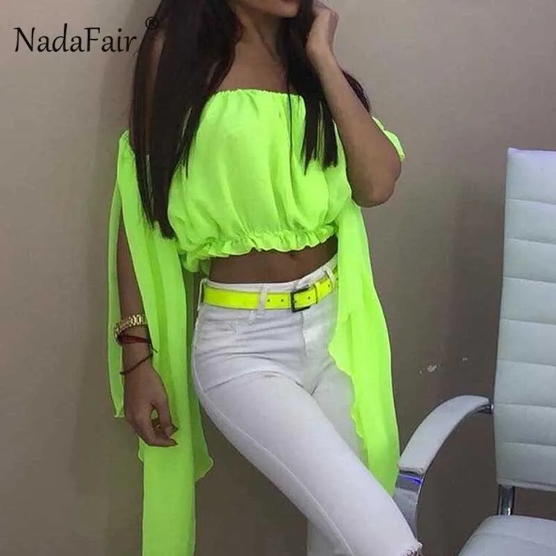 Nadafair неоновый топ с открытыми плечами и блузки женские оранжевые вырезом