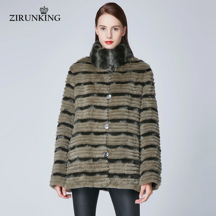 ZIRUNKING Женский Теплый Настоящий мех кролика пальто натуральный меховой воротник зимняя куртка Двусторонняя женская верхняя одежда ZC1851