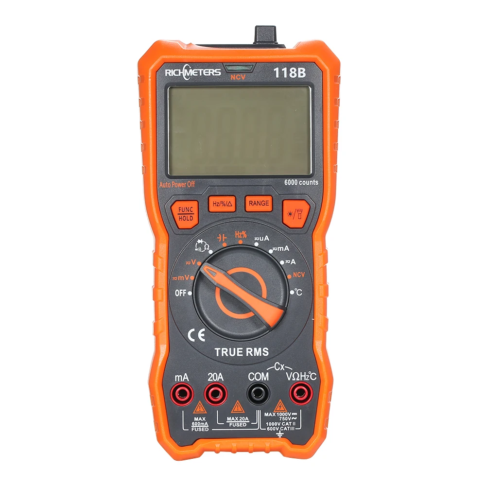 RICHMETERS 118C 20A Цифровой мультиметр 6000 отсчетов NCV HFE True RMS 100mF емкость магнит AC/DC